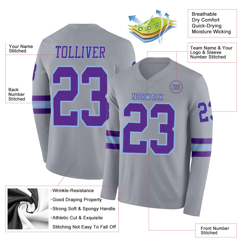 Custom Gray Purple-Light Blue Long Sleeve Authentic Football Jersey - Image 2