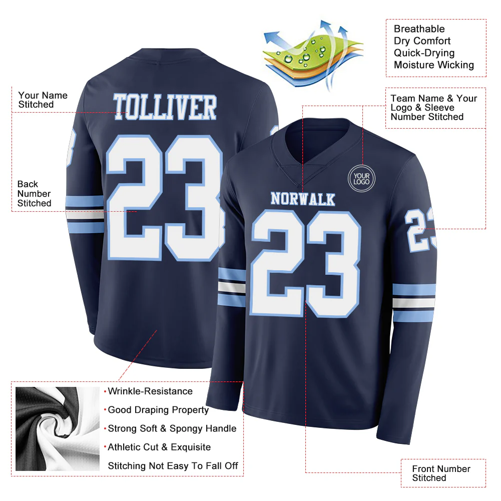Custom Navy White-Light Blue Long Sleeve Authentic Football Jersey - Image 2