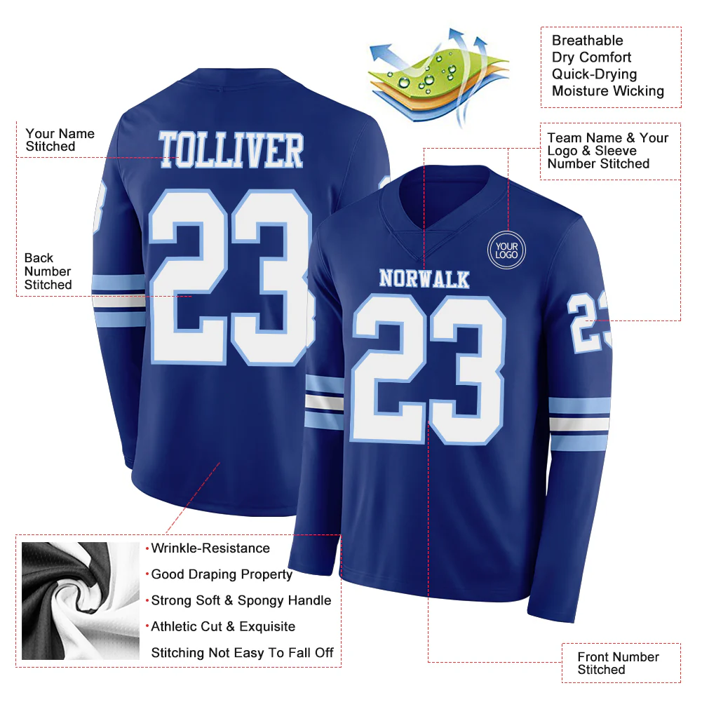 Custom Royal White-Light Blue Long Sleeve Authentic Football Jersey - Image 2