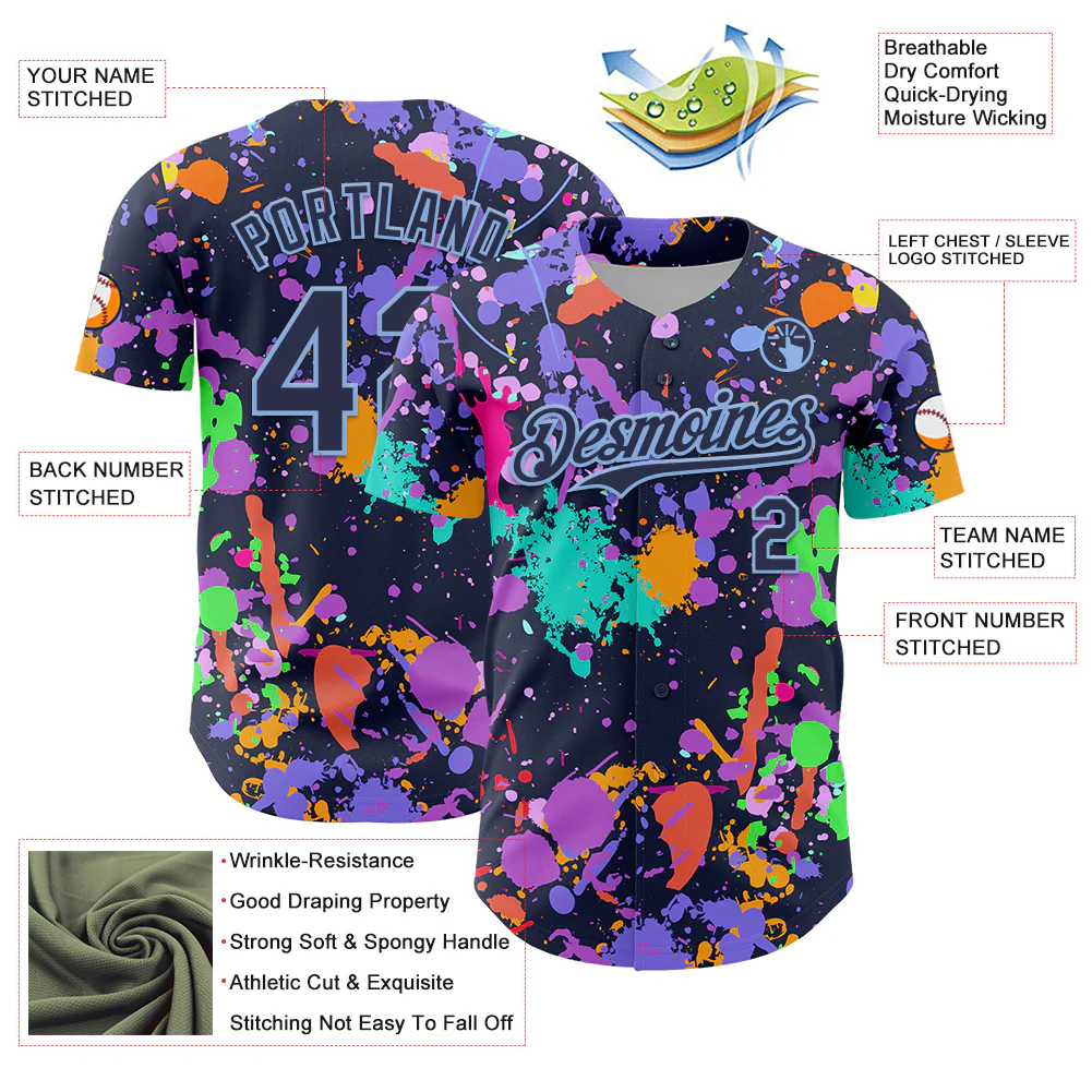 Custom Graffiti Pattern Navy-Light Blue Authentic Baseball Jersey - Image 3