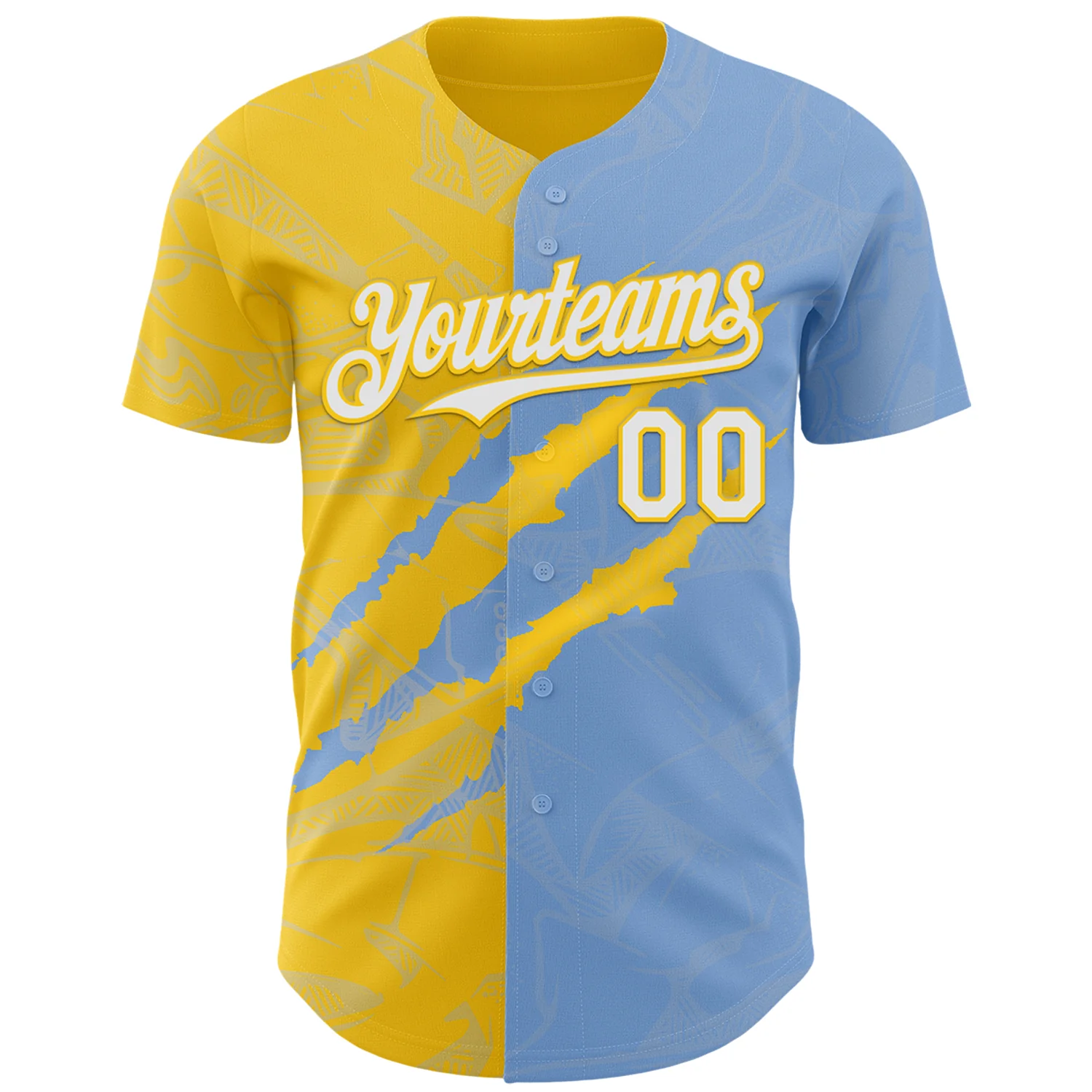 Custom Graffiti Pattern White Light Blue-Yellow 3D Scratch Authentic Baseball Jersey - Image 2