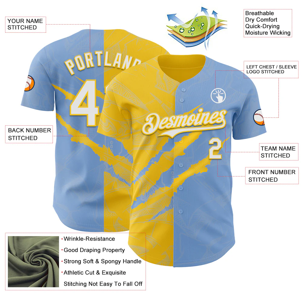 Custom Graffiti Pattern White Light Blue-Yellow 3D Scratch Authentic Baseball Jersey - Image 3