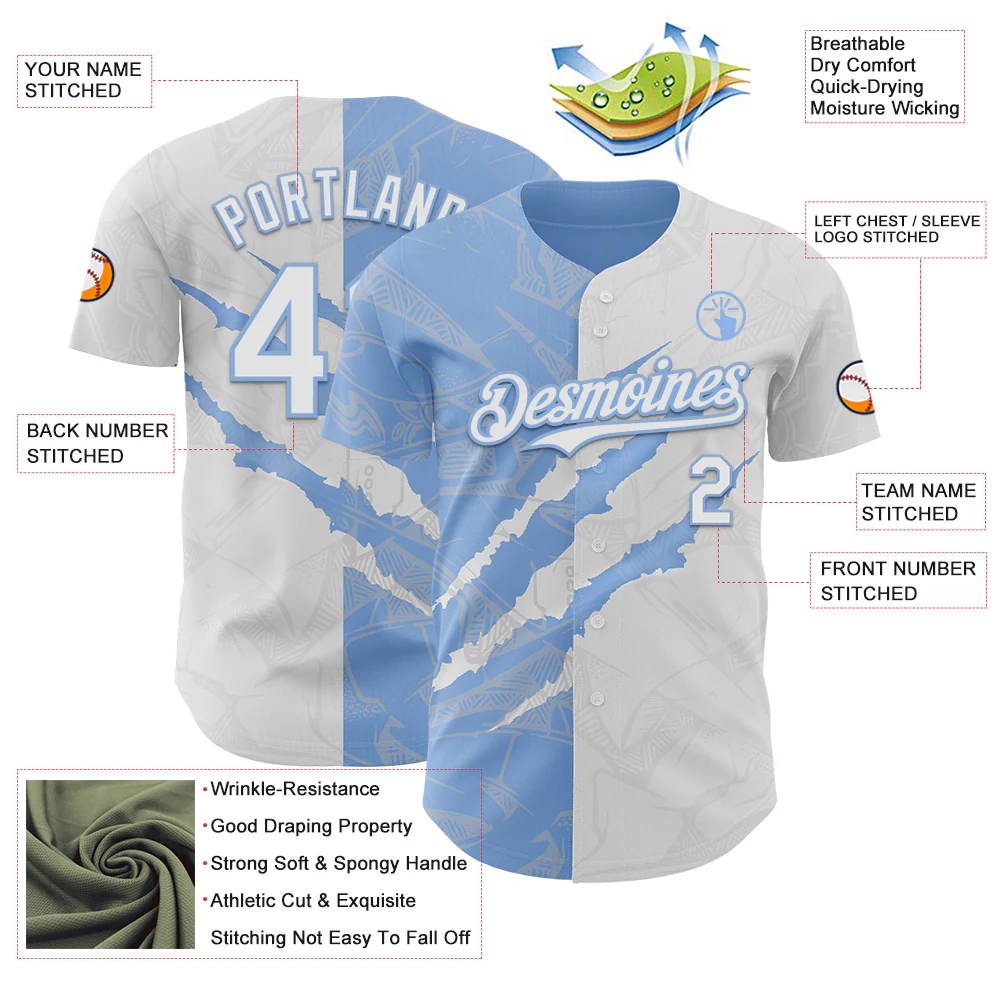 Custom Graffiti Pattern White-Light Blue 3D Scratch Authentic Baseball Jersey - Image 3