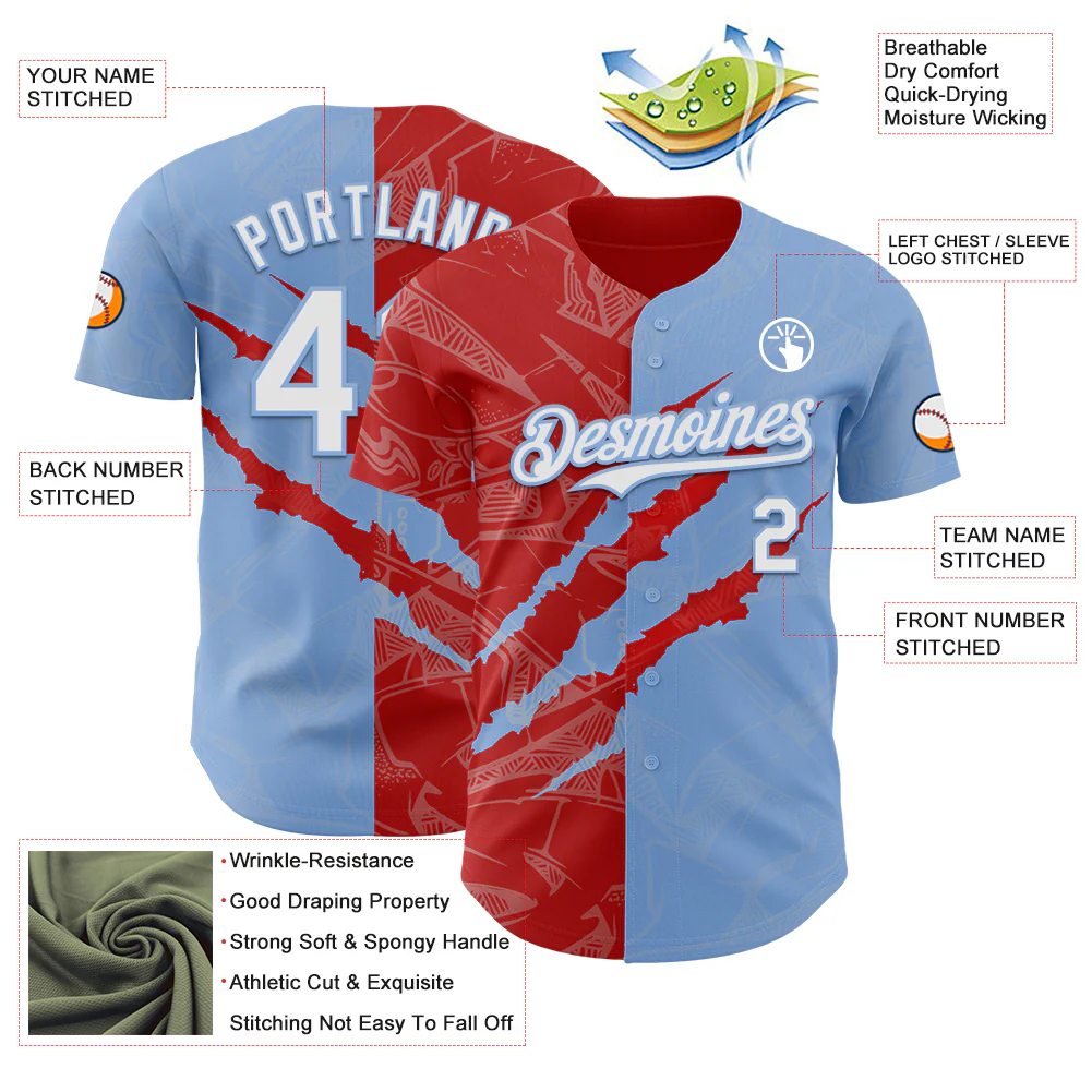 Custom Graffiti Pattern White Light Blue-Red 3D Scratch Authentic Baseball Jersey - Image 3