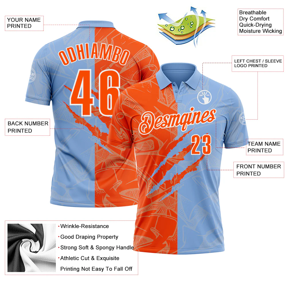 Custom Graffiti Pattern Orange Light Blue-White 3D Scratch Performance Polo Shirt - Image 3