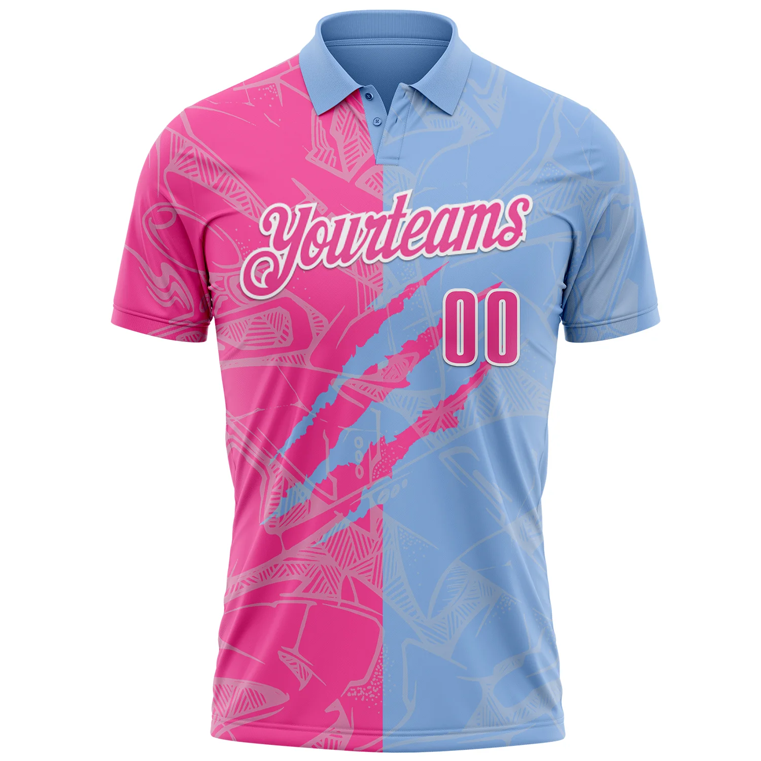 Custom Graffiti Pattern Pink Light Blue-White 3D Scratch Performance Polo Shirt - Image 2