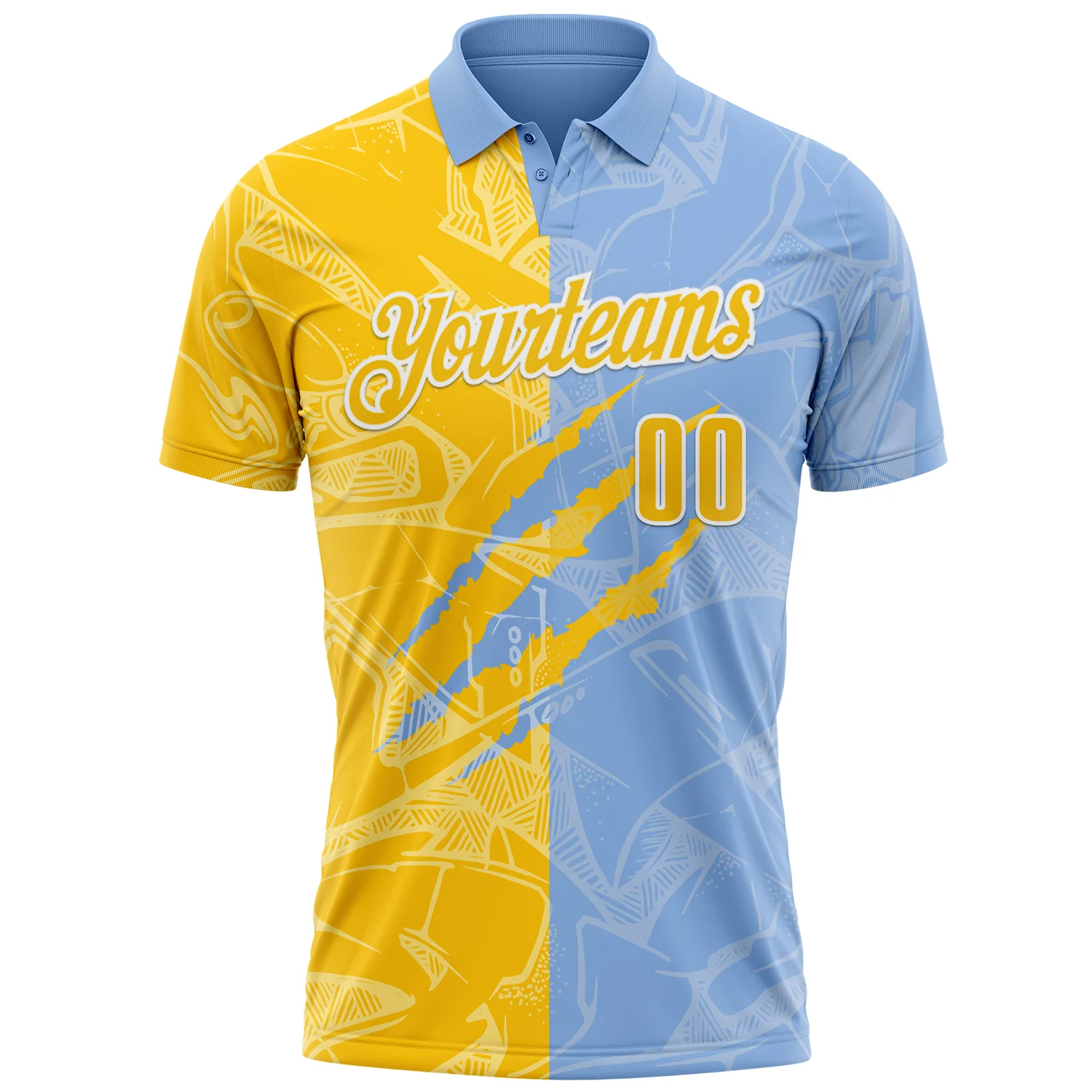 Custom Graffiti Pattern Yellow Light Blue-White 3D Scratch Performance Polo Shirt - Image 2