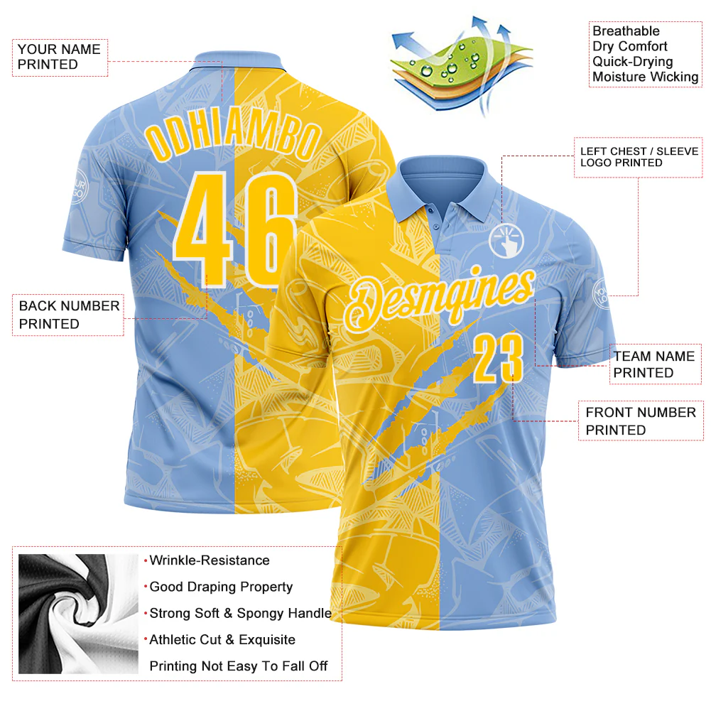 Custom Graffiti Pattern Yellow Light Blue-White 3D Scratch Performance Polo Shirt - Image 3