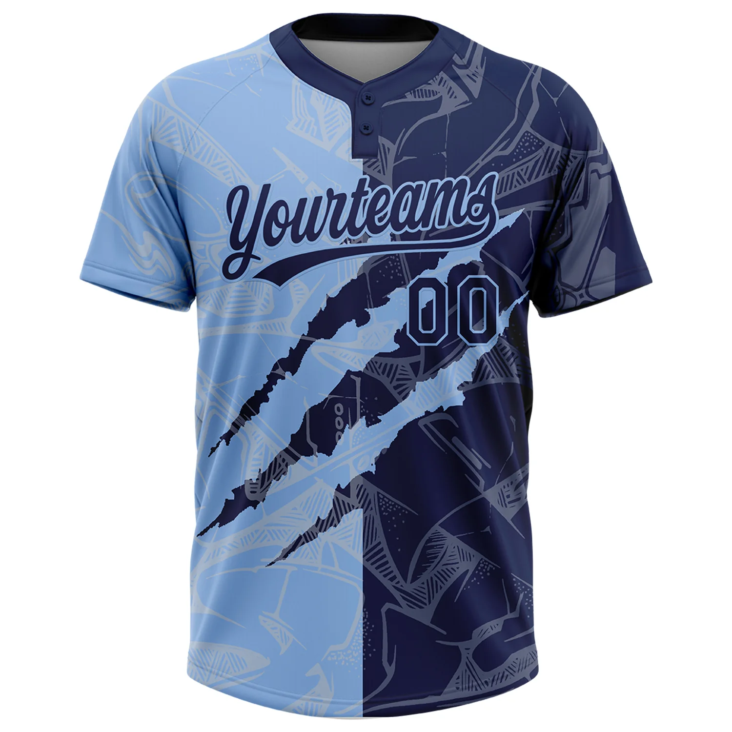 Custom Graffiti Pattern Navy-Light Blue 3D Scratch Two-Button Unisex Softball Jersey - Image 2