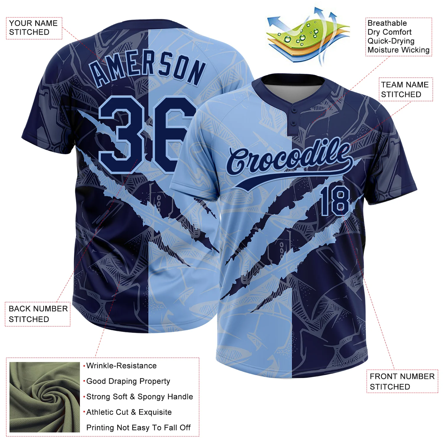 Custom Graffiti Pattern Navy-Light Blue 3D Scratch Two-Button Unisex Softball Jersey - Image 3