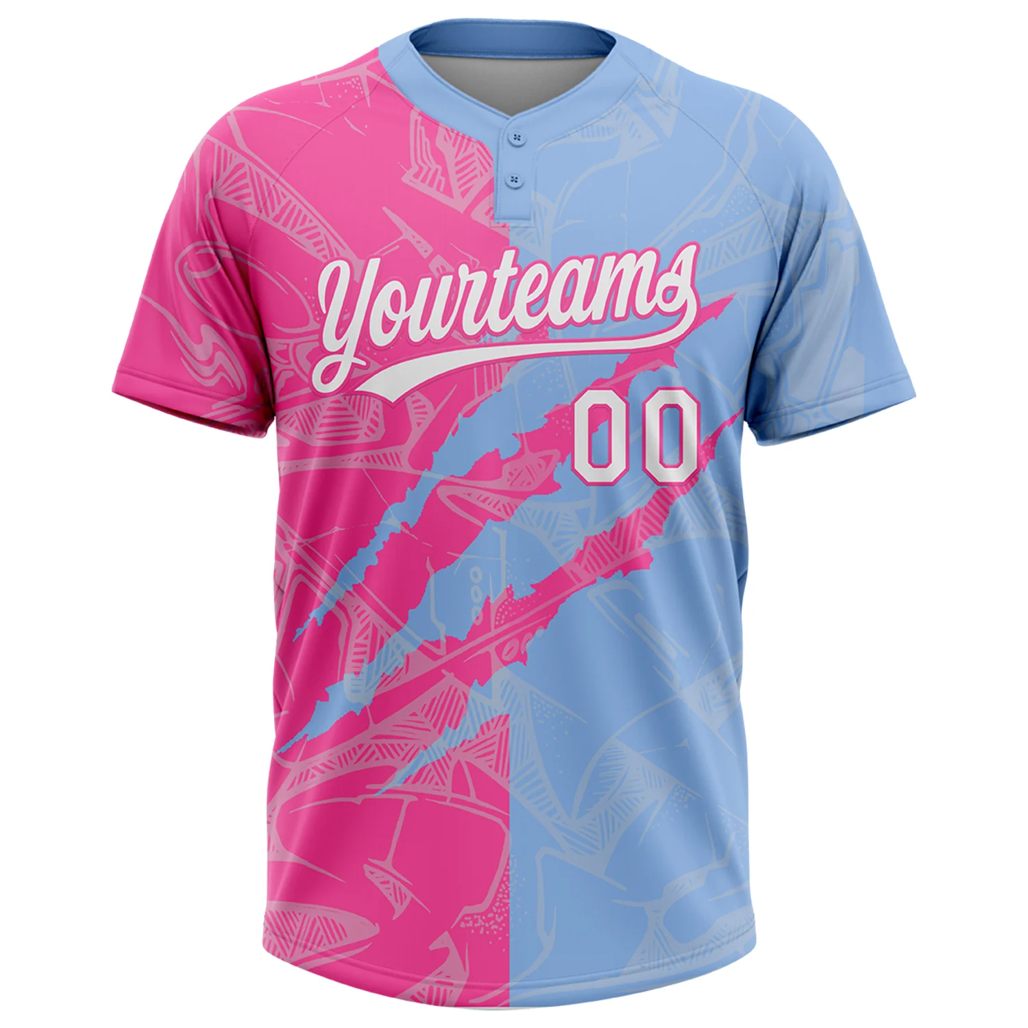 Custom Graffiti Pattern White Light Blue-Pink 3D Scratch Two-Button Unisex Softball Jersey - Image 2
