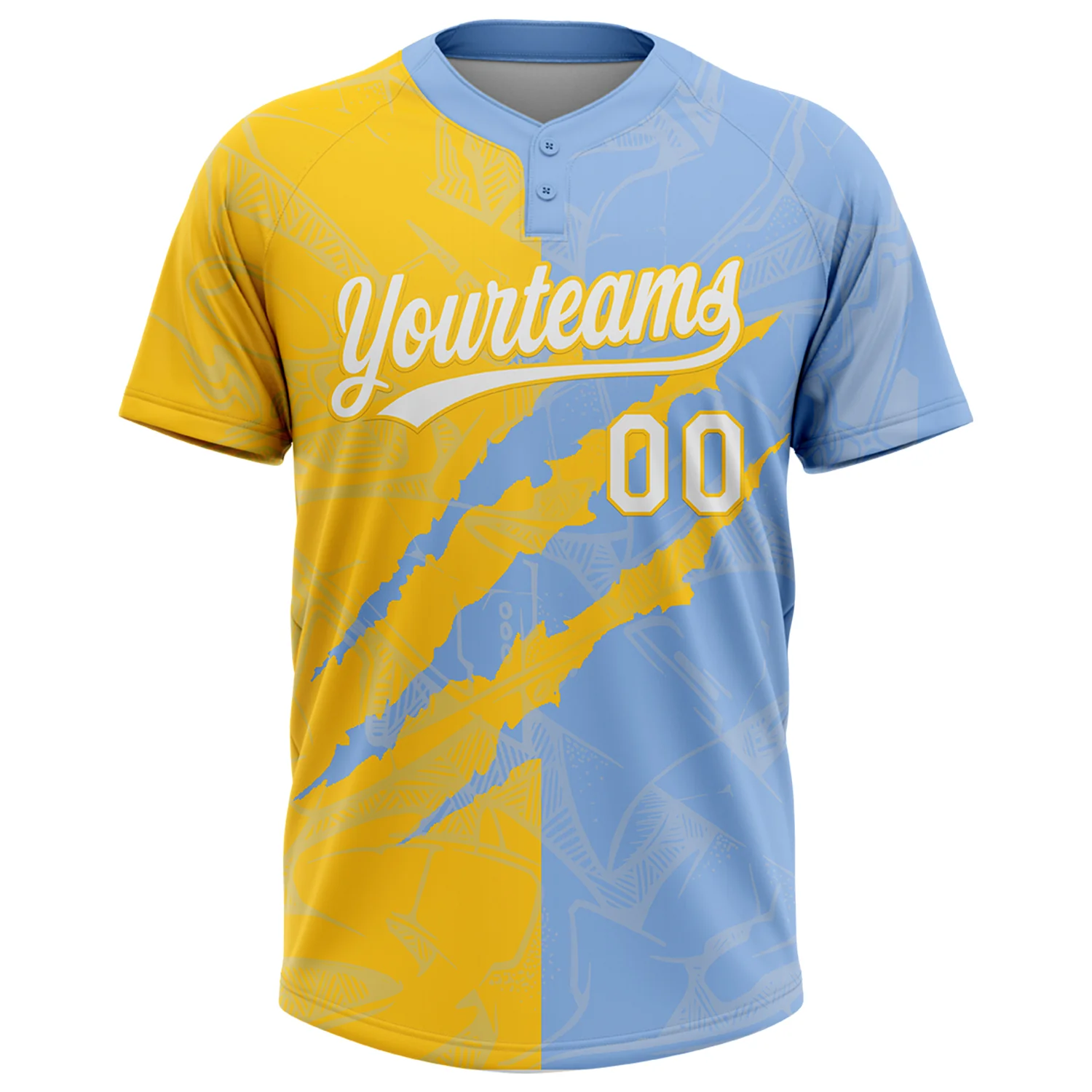 Custom Graffiti Pattern White Light Blue-Yellow 3D Scratch Two-Button Unisex Softball Jersey - Image 2