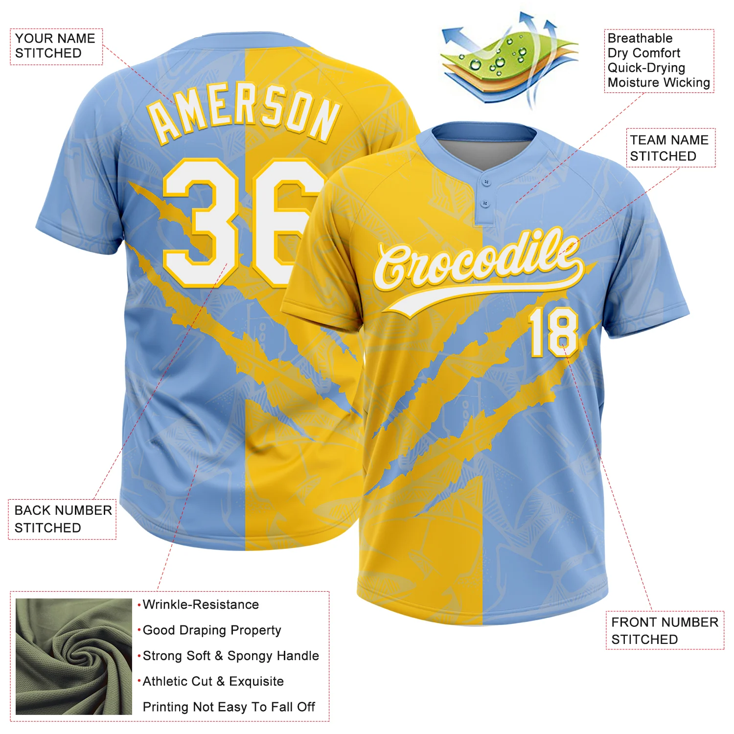 Custom Graffiti Pattern White Light Blue-Yellow 3D Scratch Two-Button Unisex Softball Jersey - Image 3