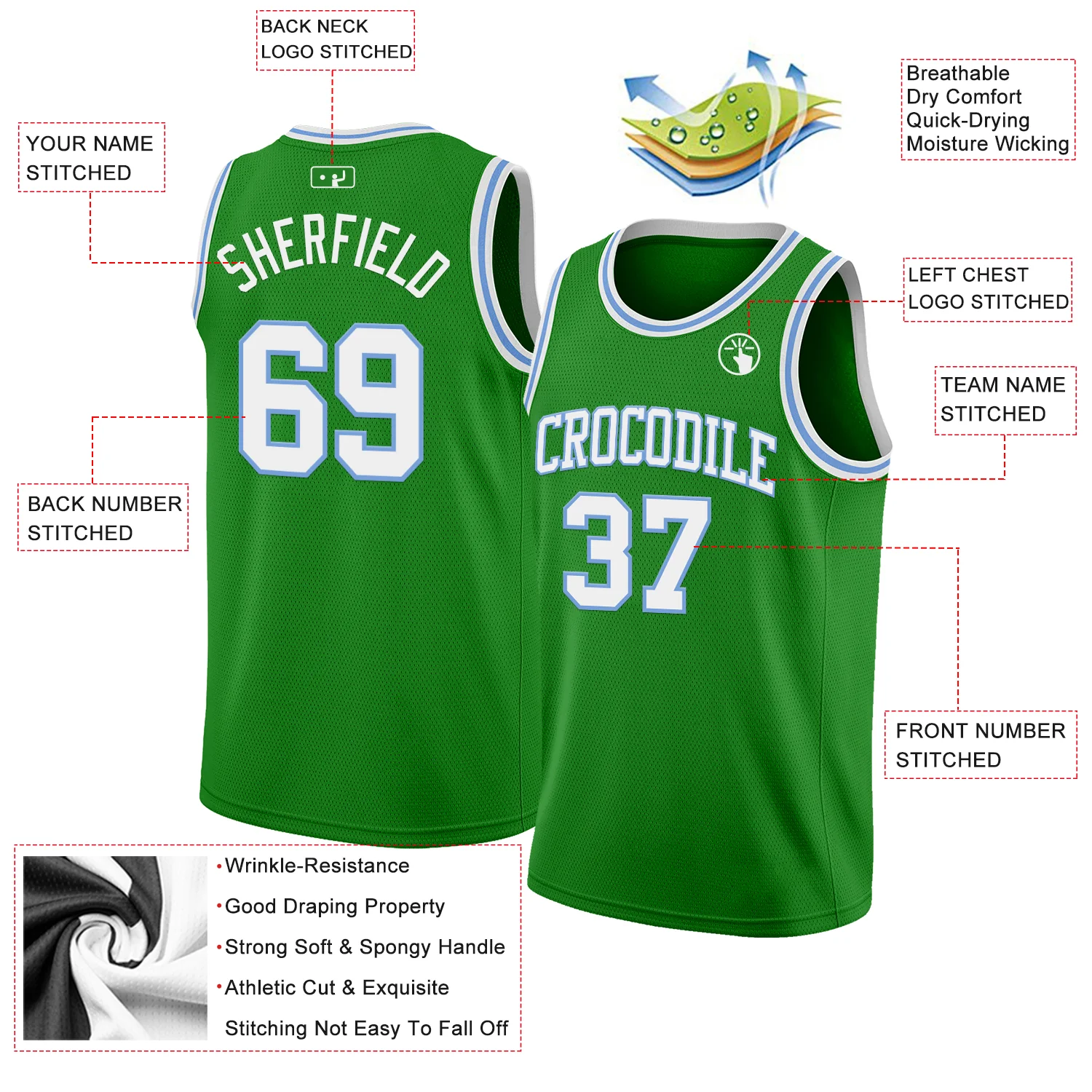 Custom Grass Green White-Light Blue Authentic Basketball Jersey - Image 2
