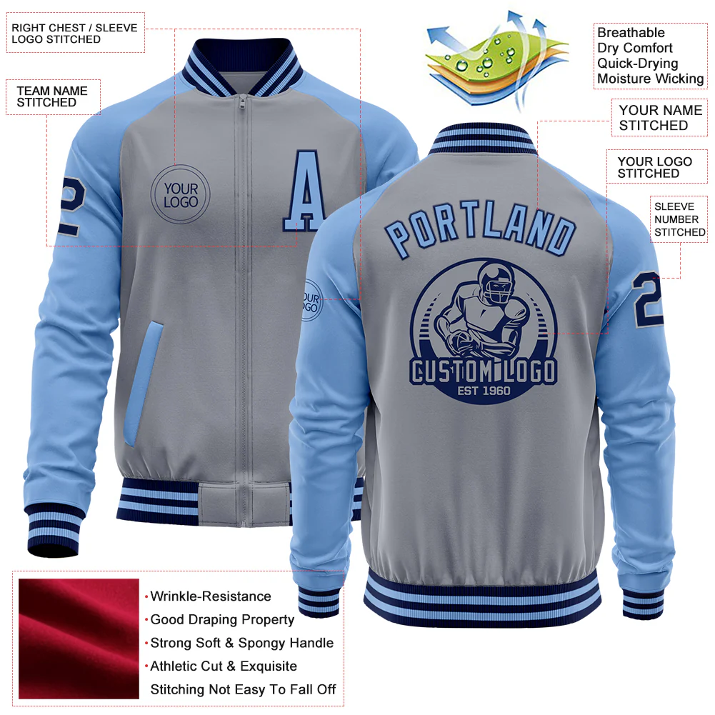 Custom Gray Navy-Light Blue Bomber Varsity Letterman Two Tone Zipper Jacket - Image 4