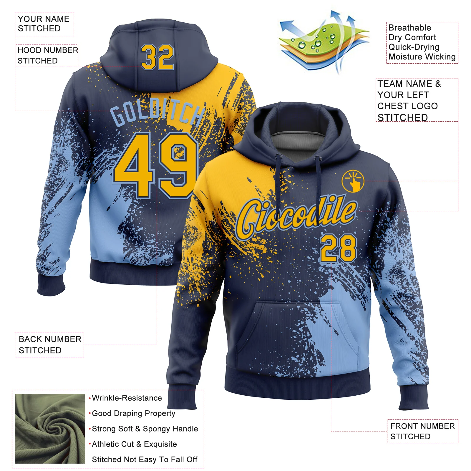 Custom Stitched Navy Gold-Light Blue 3D Pattern Design Abstract Brush Stroke Sports Pullover Sweatshirt Hoodie - Image 2