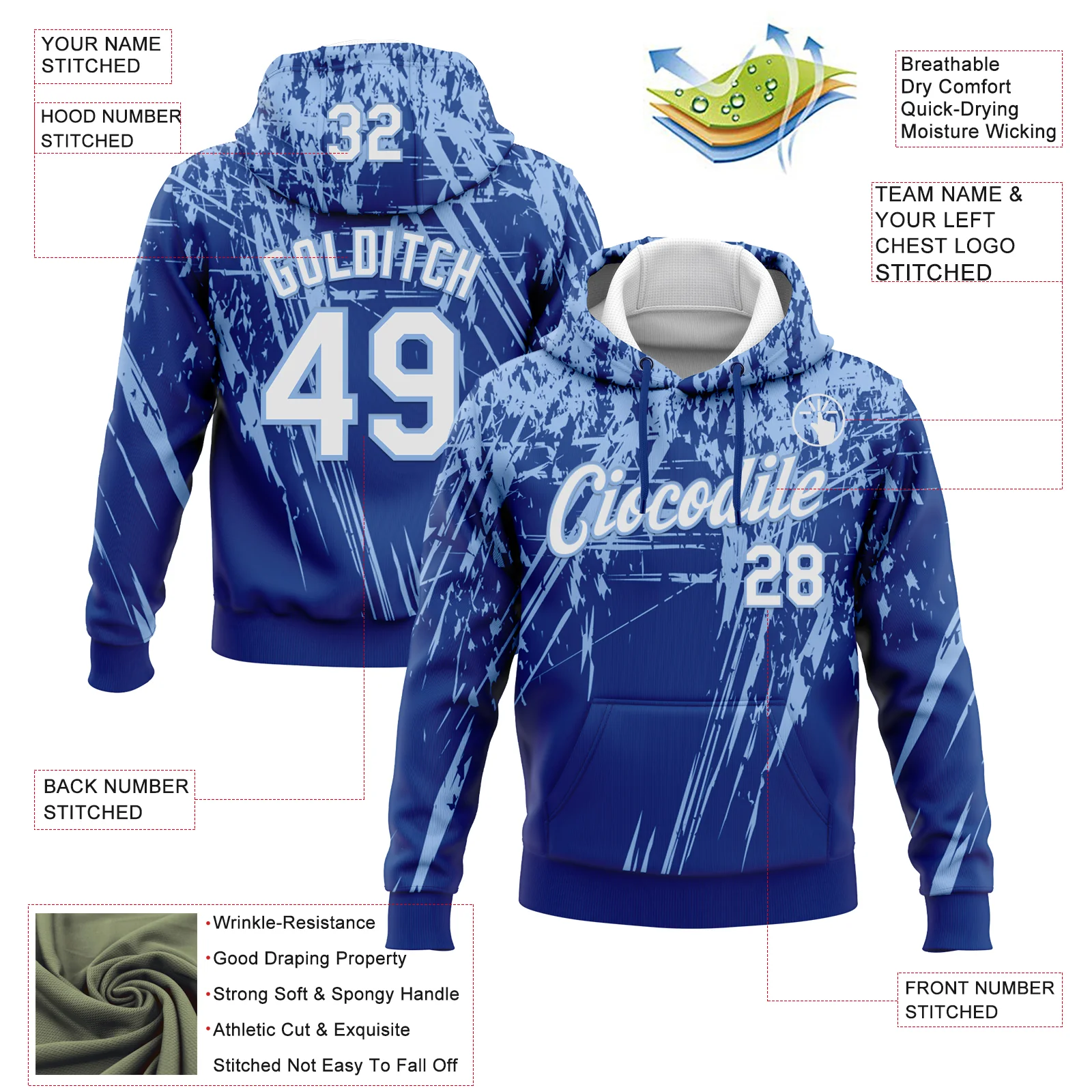 Custom Stitched Royal White-Light Blue 3D Pattern Design Splash Grunge Art Sports Pullover Sweatshirt Hoodie - Image 2