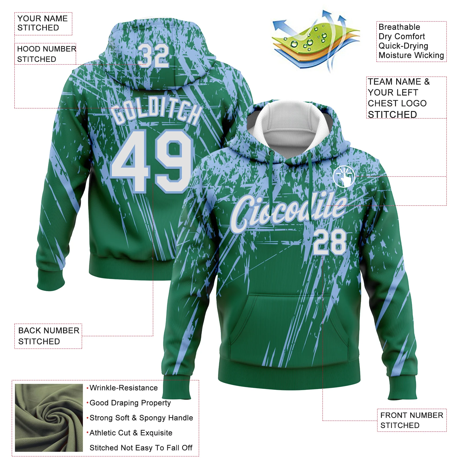Custom Stitched Kelly Green White-Light Blue 3D Pattern Design Splash Grunge Art Sports Pullover Sweatshirt Hoodie - Image 2