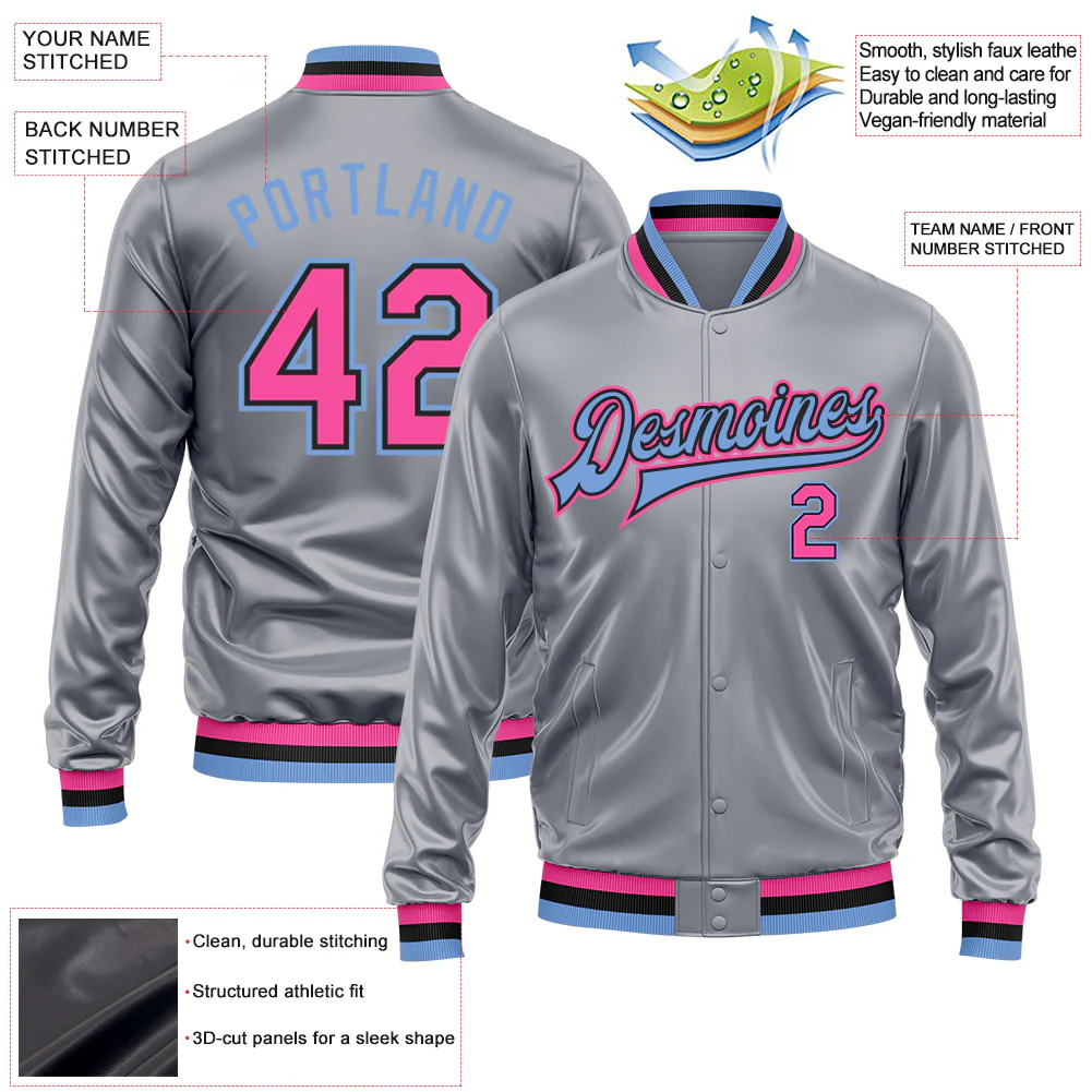 Custom Gray Pink Light Blue-Black Bomber Full-Snap Varsity Faux Leather Letterman Jacket - Image 2