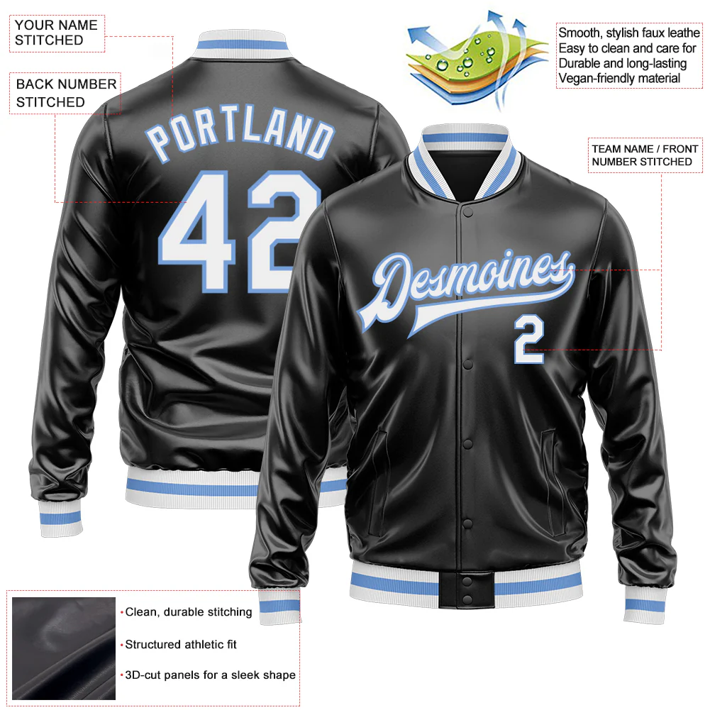 Custom Black White-Light Blue Bomber Full-Snap Varsity Faux Leather Letterman Jacket - Image 2