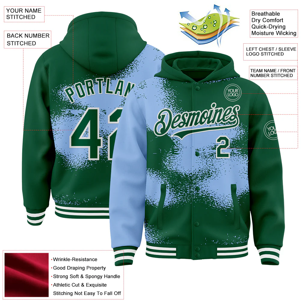 Custom Kelly Green Light Blue-White Abstract Color Blocks Fragment Pattern Bomber Full-Snap Varsity Letterman Hoodie Jacket - Image 4