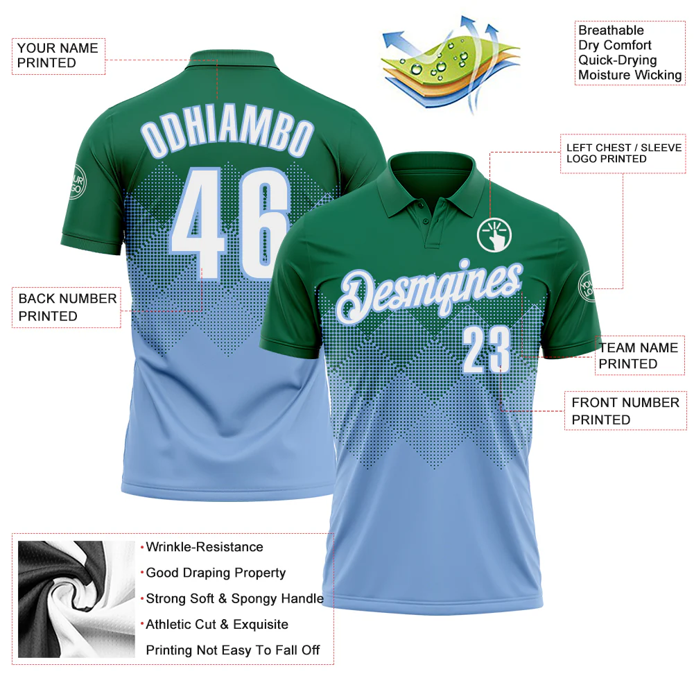 Custom Kelly Green White-Light Blue 3D Gradient Square Shape Performance Polo Shirt - Image 3