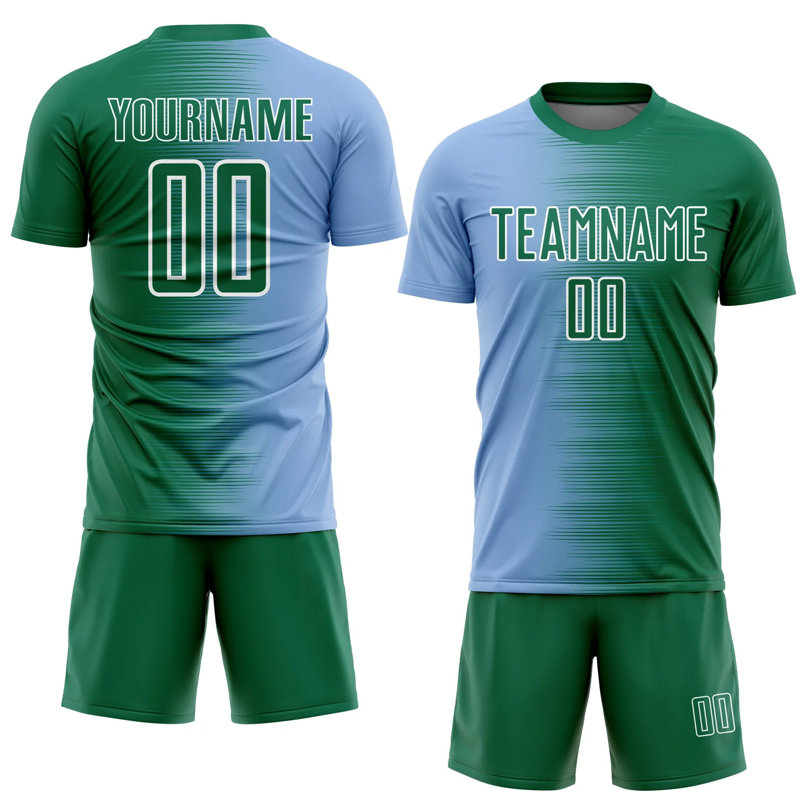 Custom Kelly Green Light Blue-White Gradient Line Sublimation Soccer Uniform Jersey - Image 2