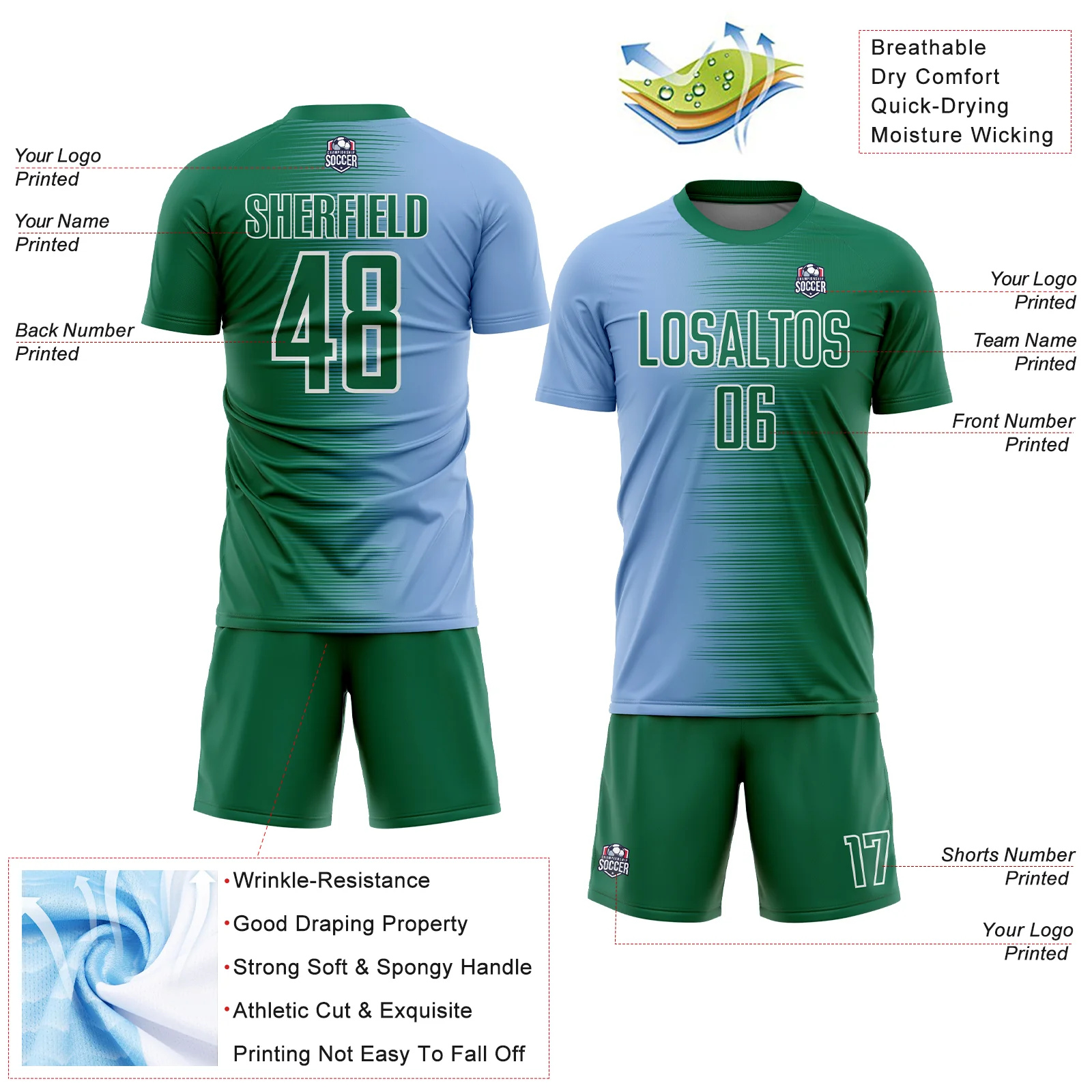 Custom Kelly Green Light Blue-White Gradient Line Sublimation Soccer Uniform Jersey - Image 4