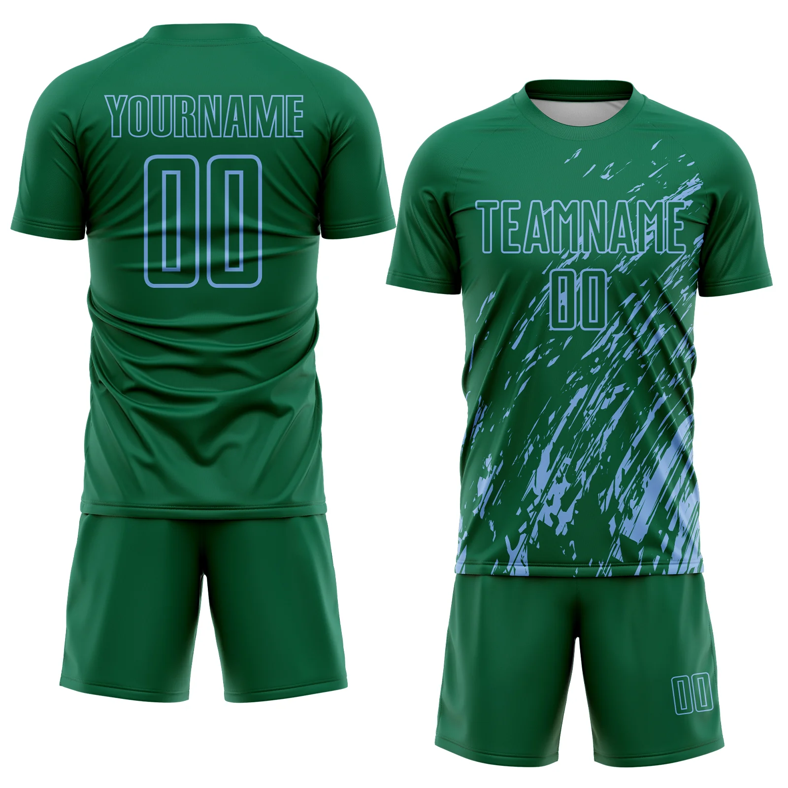 Custom Kelly Green Light Blue Splash Sublimation Soccer Uniform Jersey - Image 2