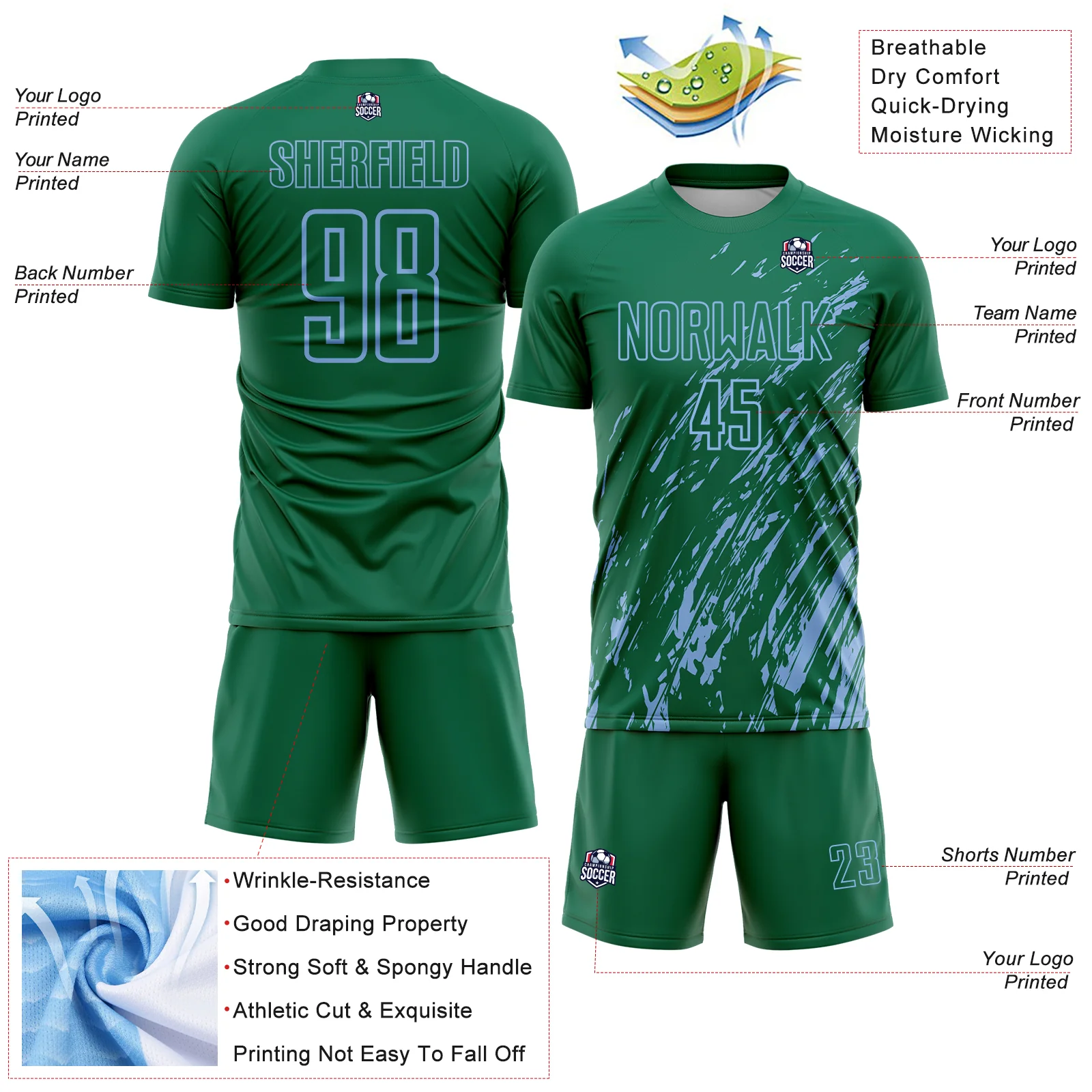 Custom Kelly Green Light Blue Splash Sublimation Soccer Uniform Jersey - Image 4