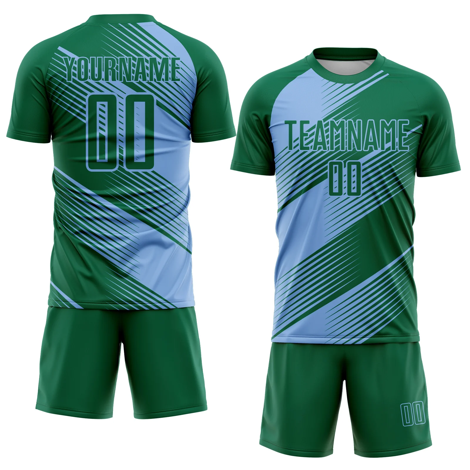 Custom Kelly Green Light Blue Line Sublimation Soccer Uniform Jersey - Image 2