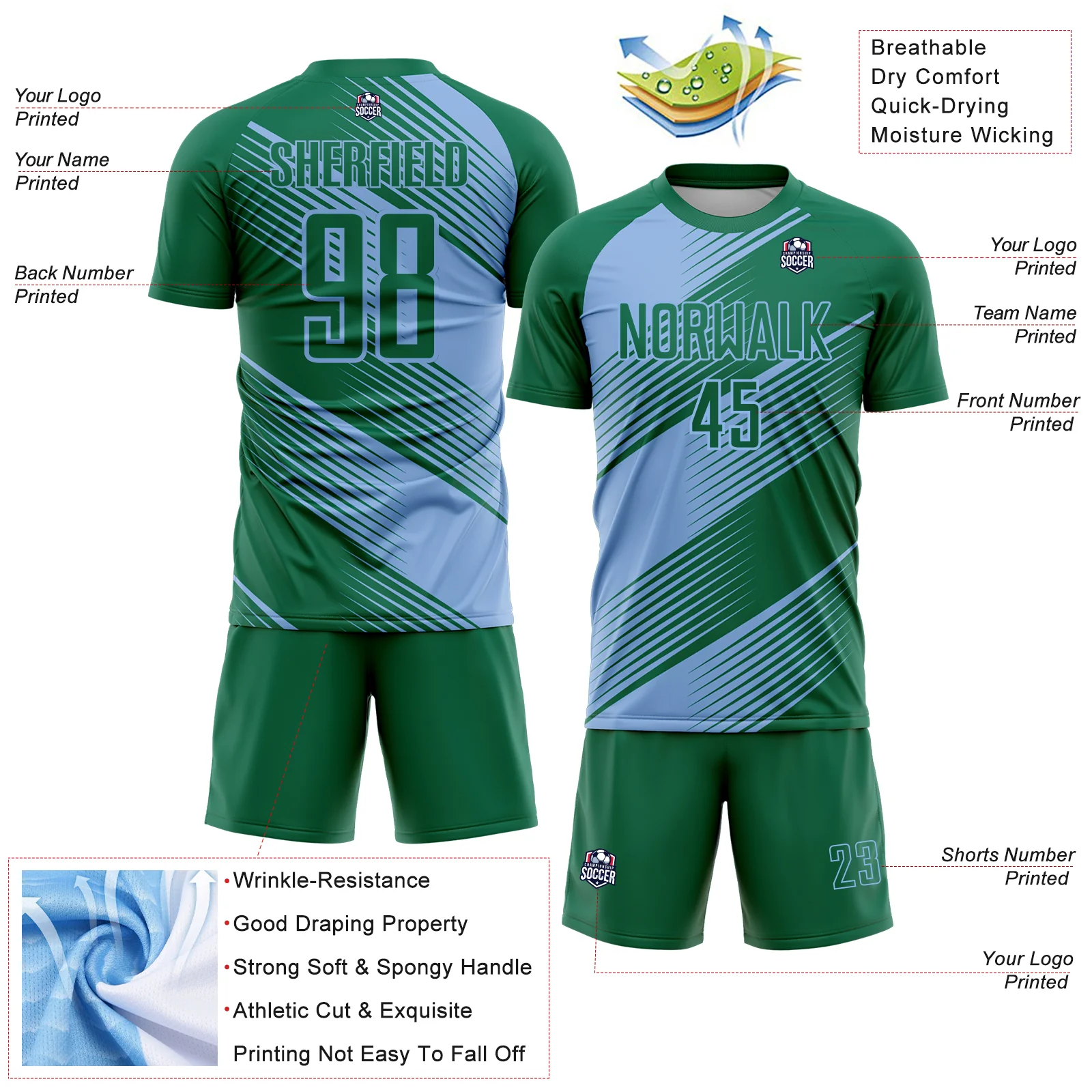 Custom Kelly Green Light Blue Line Sublimation Soccer Uniform Jersey - Image 4