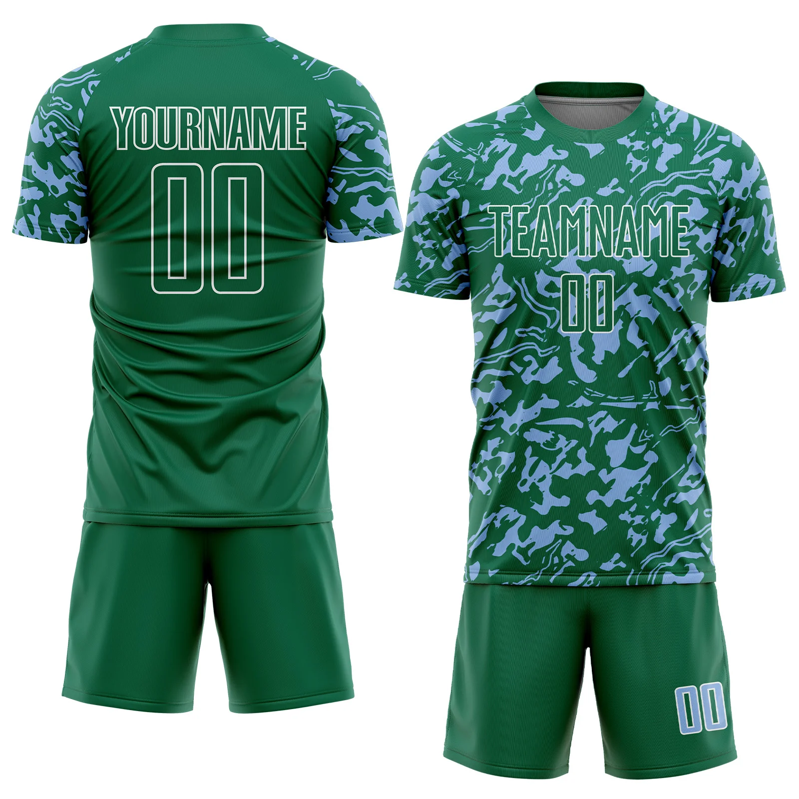 Custom Kelly Green Light Blue-White Liquid Fluid Pattern Sports Sublimation Soccer Uniform Jersey - Image 2