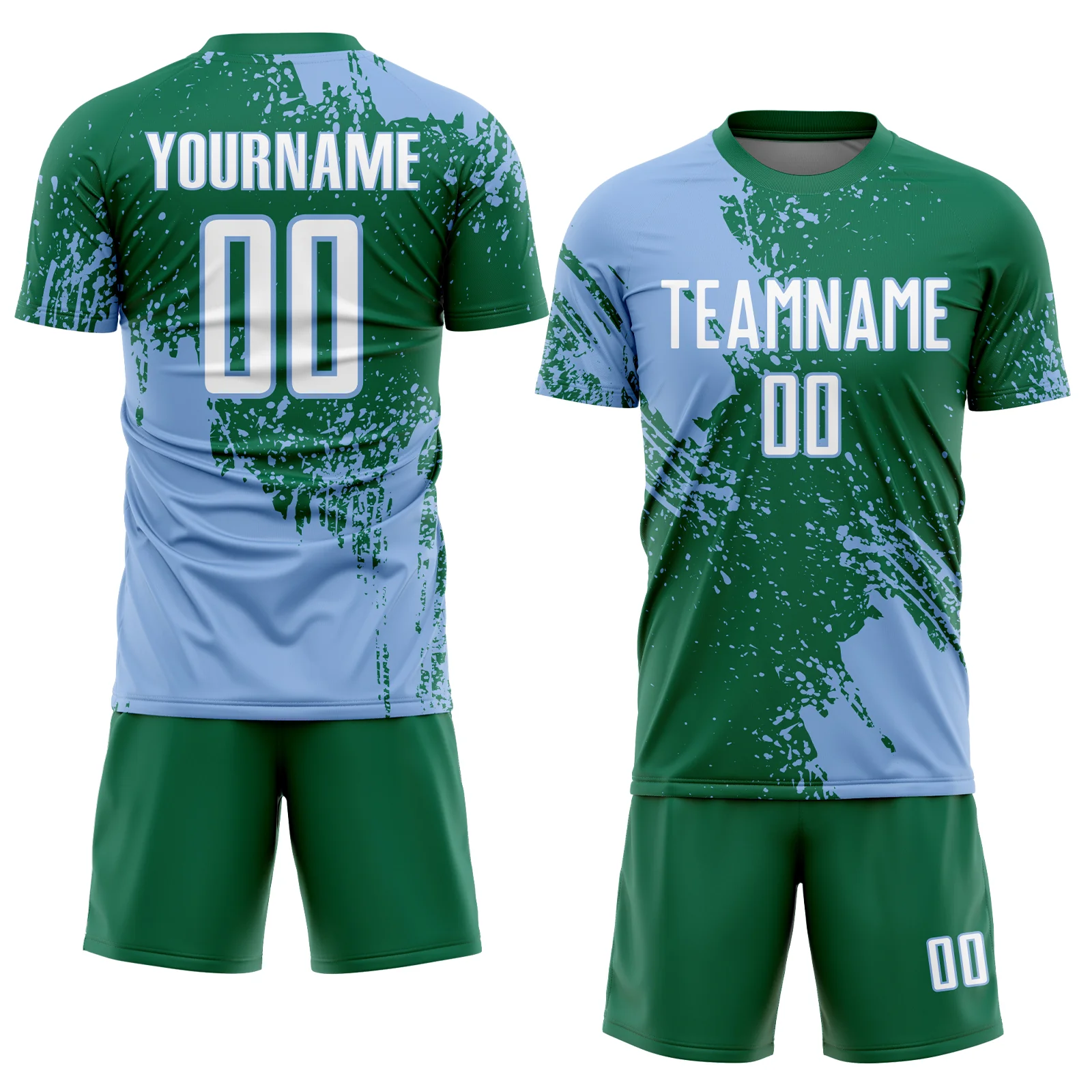 Custom Kelly Green White-Light Blue Abstract Brush Stroke Sports Sublimation Soccer Uniform Jersey - Image 2