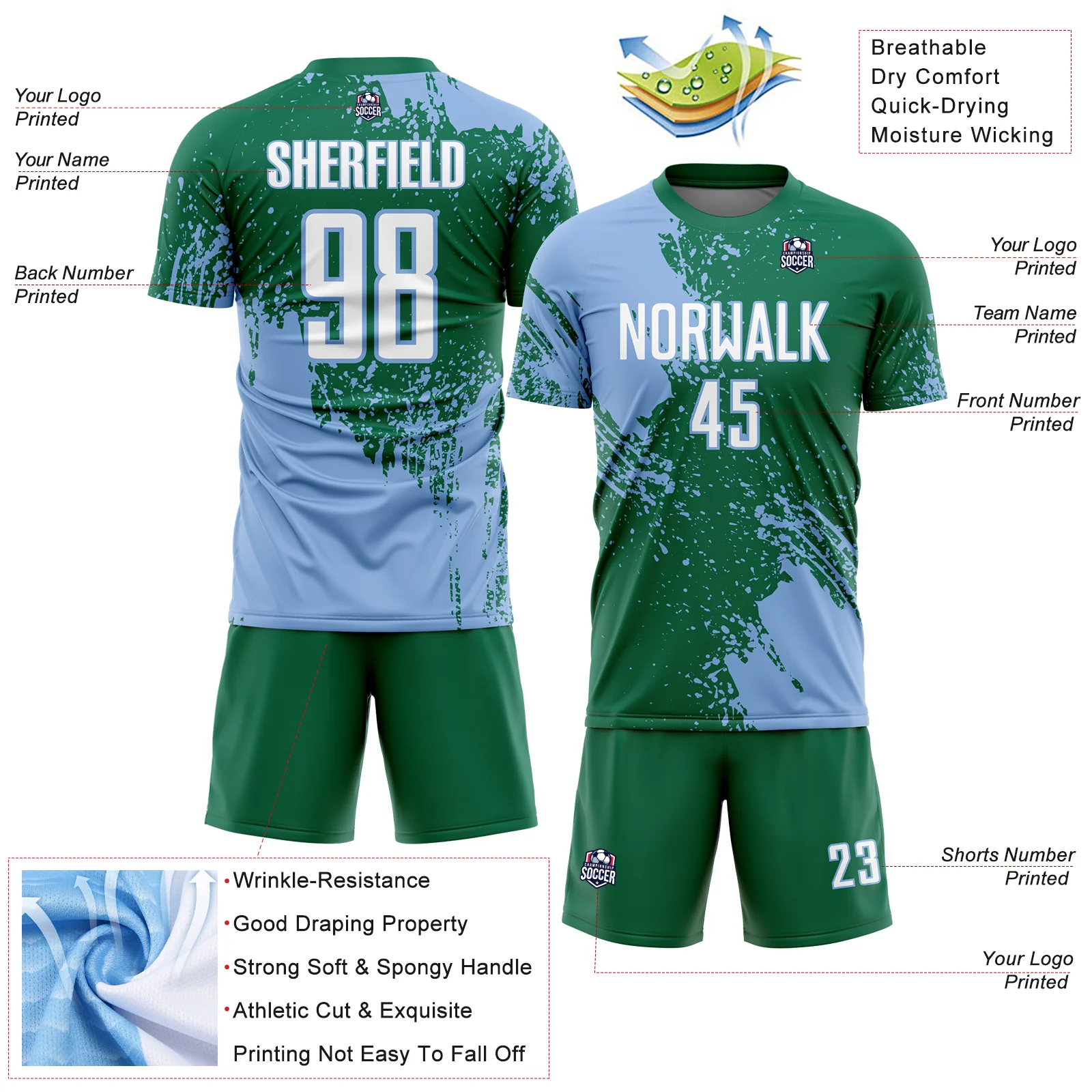 Custom Kelly Green White-Light Blue Abstract Brush Stroke Sports Sublimation Soccer Uniform Jersey - Image 4