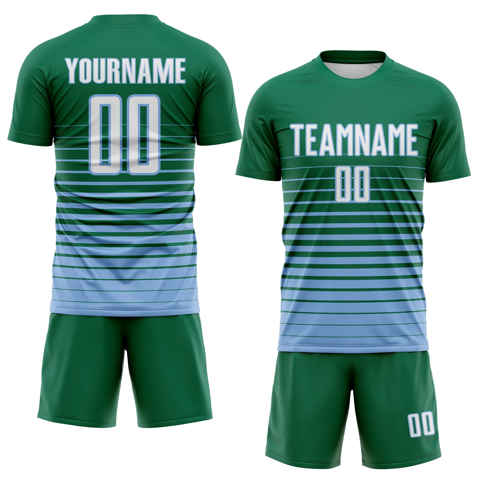 Custom Kelly Green White-Light Blue Gradient Pinstripe Sublimation Soccer Uniform Jersey - Image 2