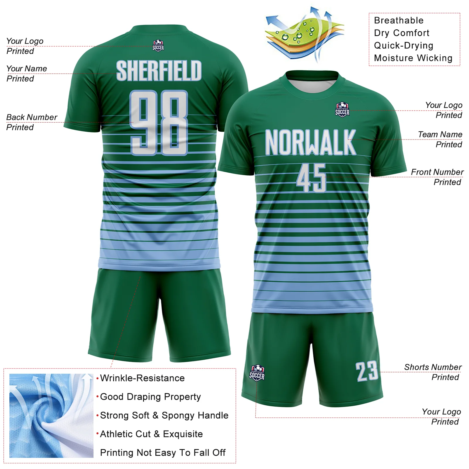 Custom Kelly Green White-Light Blue Gradient Pinstripe Sublimation Soccer Uniform Jersey - Image 4