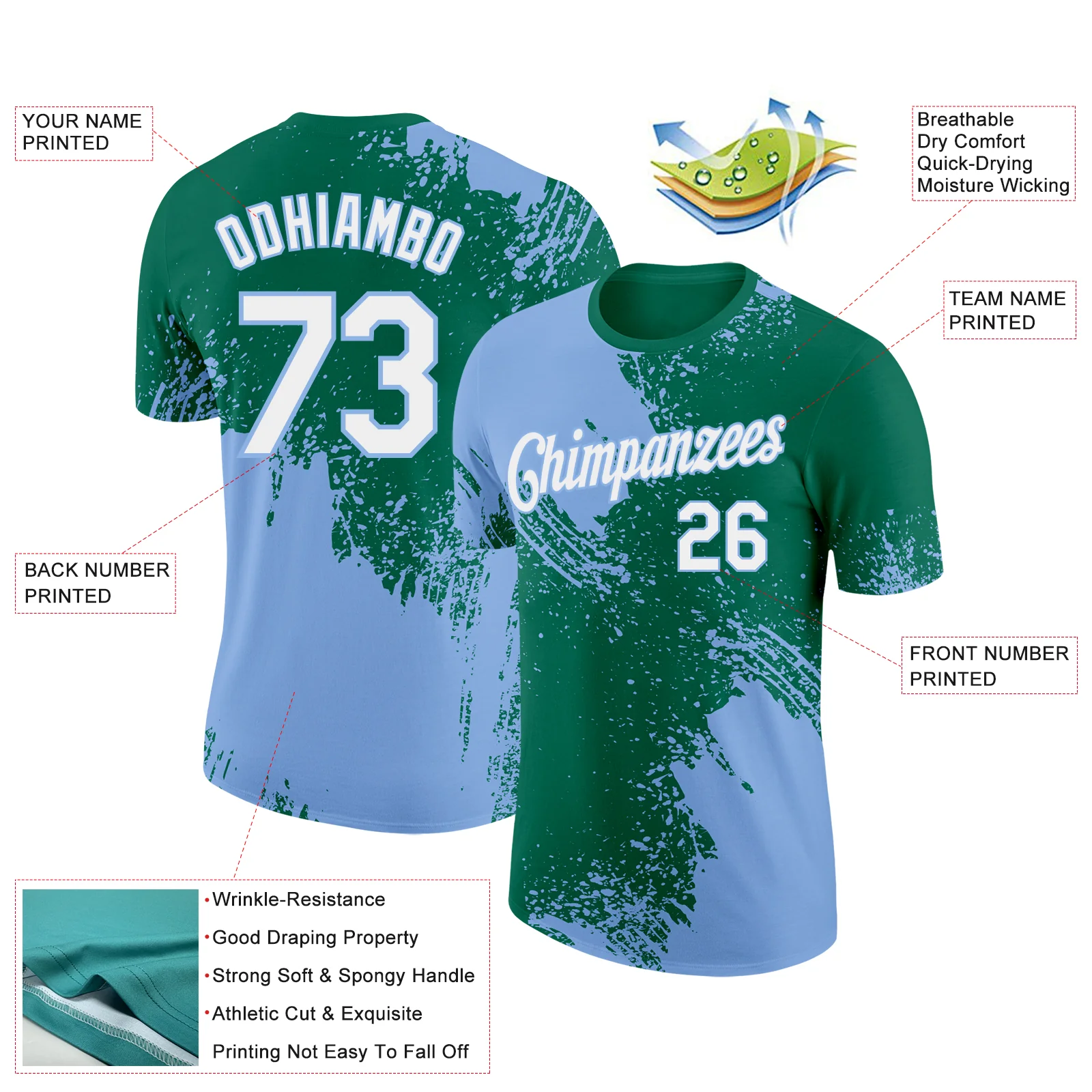 Custom Kelly Green White-Light Blue 3D Pattern Design Abstract Brush Stroke Performance T-Shirt - Image 2