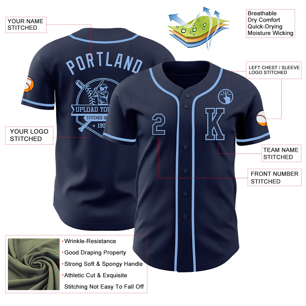 Custom Navy Light Blue Authentic Baseball Jersey - Image 6