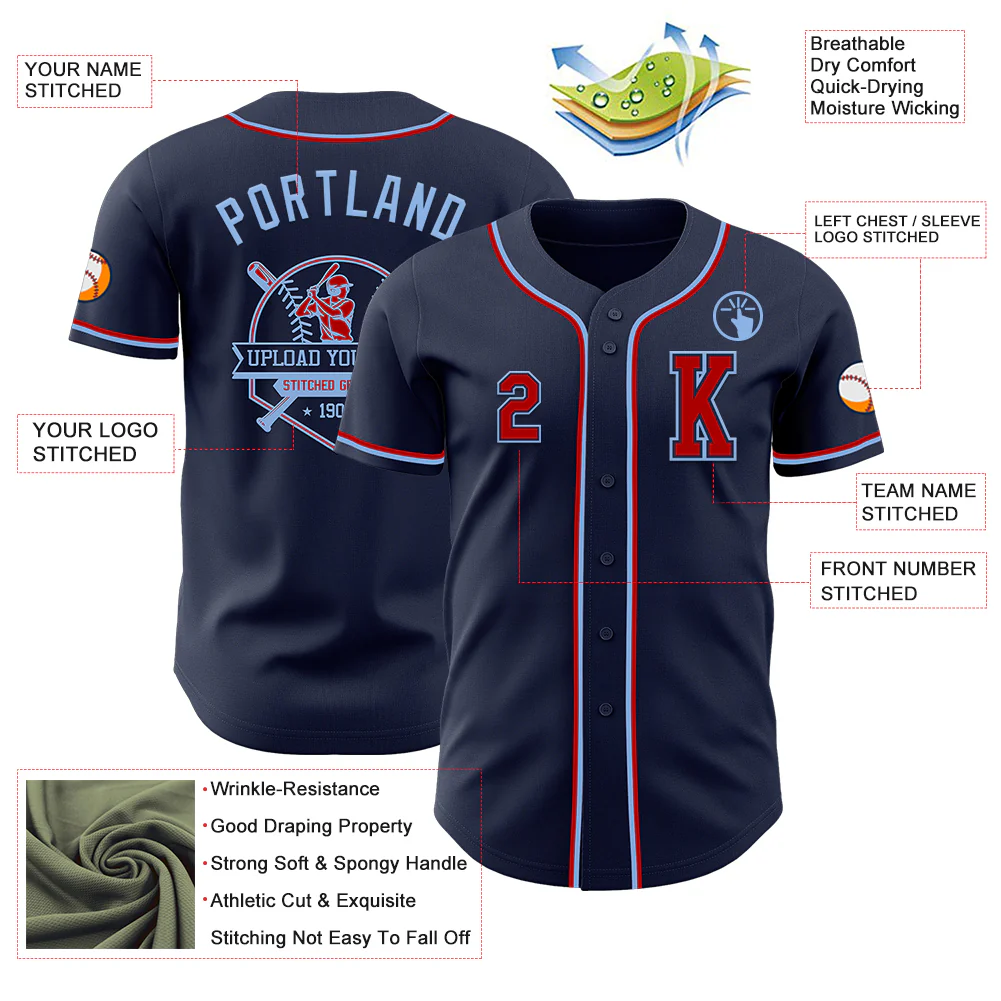 Custom Navy Red-Light Blue Authentic Baseball Jersey - Image 6