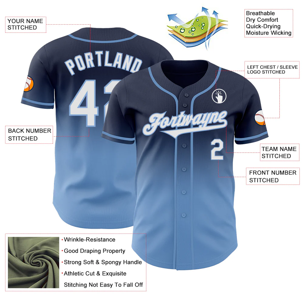 Custom Navy White-Light Blue Authentic Fade Fashion Baseball Jersey - Image 3