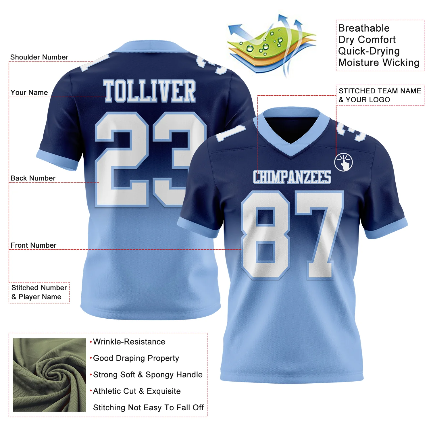 Custom Navy White-Light Blue Authentic Fade Fashion Football Jersey - Image 2