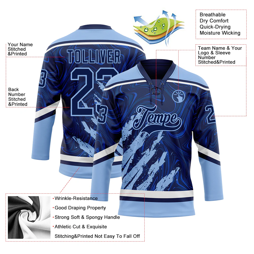 Custom Navy Light Blue-White 3D Splash Art Hockey Lace Neck Jersey - Image 5