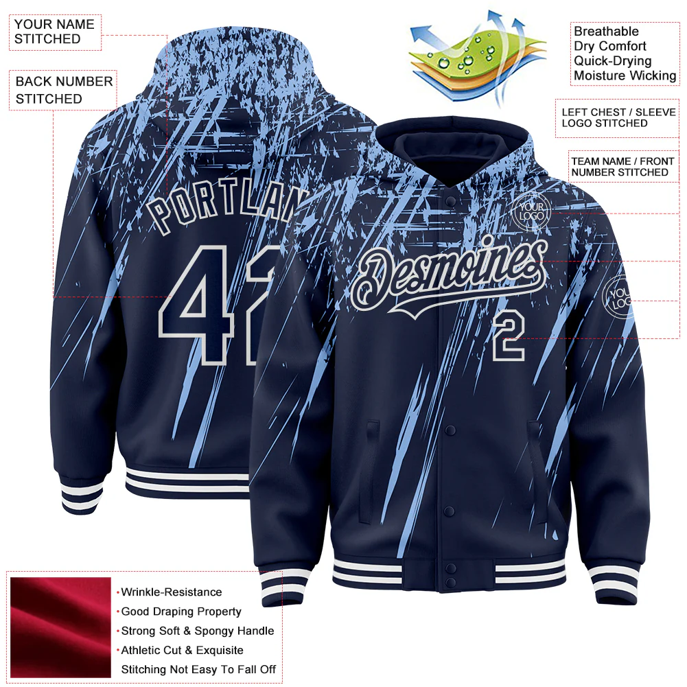 Custom Navy Light Blue-White Splash Bomber Full-Snap Varsity Letterman Hoodie Jacket - Image 4