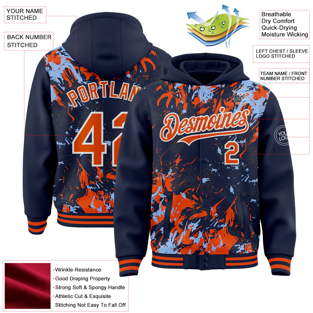 Custom Navy Orange Light Blue-White Splash Bomber Full-Snap Varsity Letterman Hoodie Jacket - Image 4