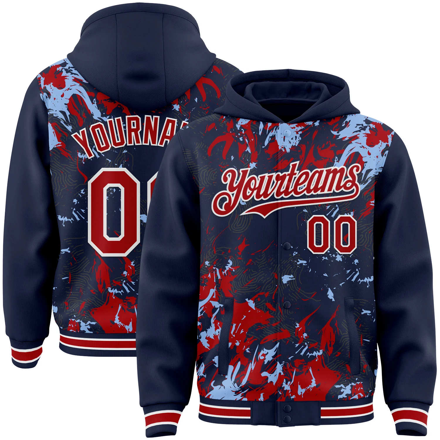 Custom Navy Red Light Blue-White Splash Bomber Full-Snap Varsity Letterman Hoodie Jacket