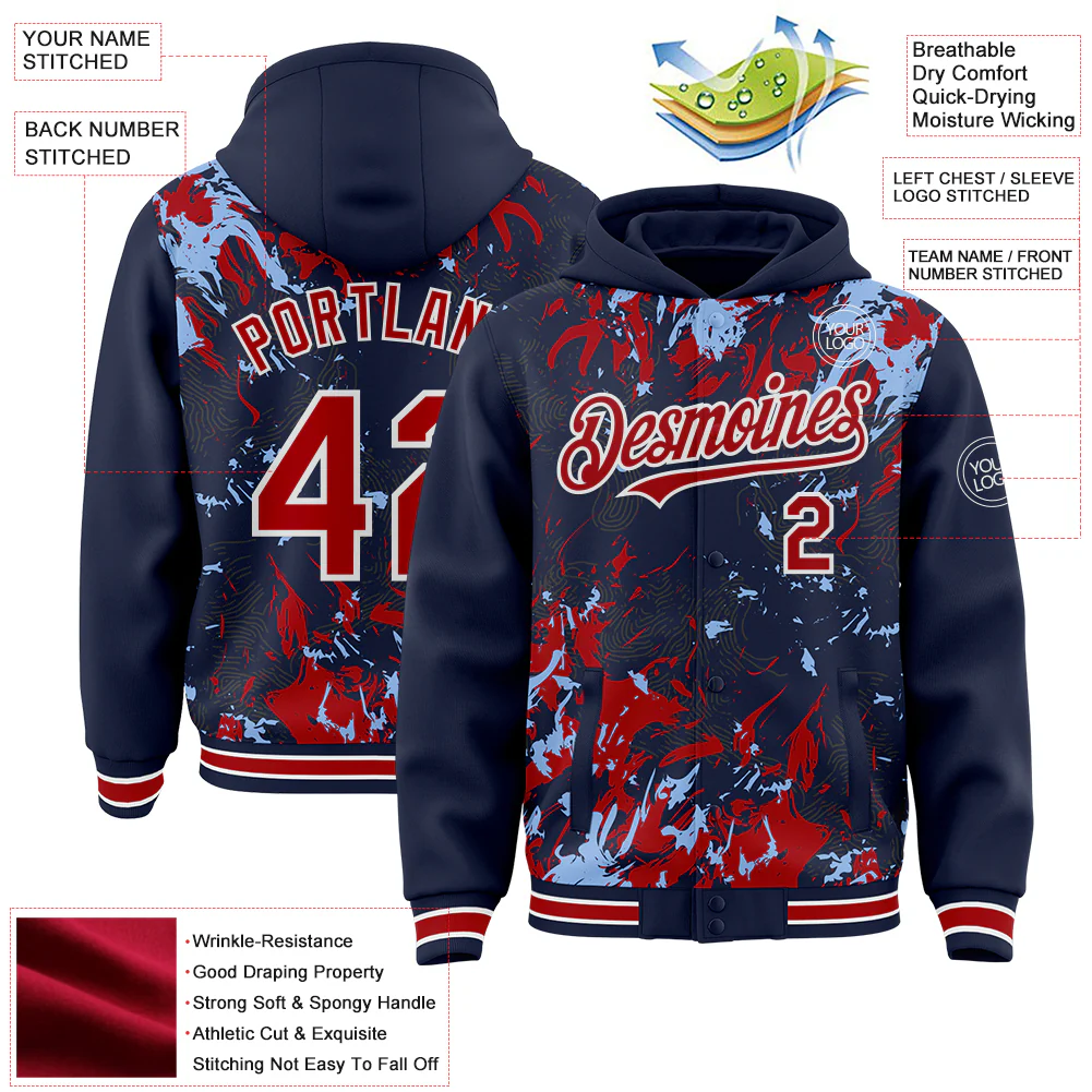 Custom Navy Red Light Blue-White Splash Bomber Full-Snap Varsity Letterman Hoodie Jacket - Image 4