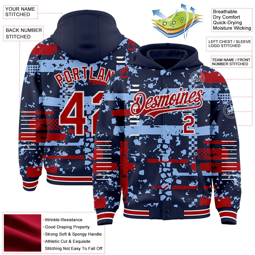 Custom Navy Red Light Blue-White Abstract Fragment Shape Bomber Full-Snap Varsity Letterman Hoodie Jacket - Image 4