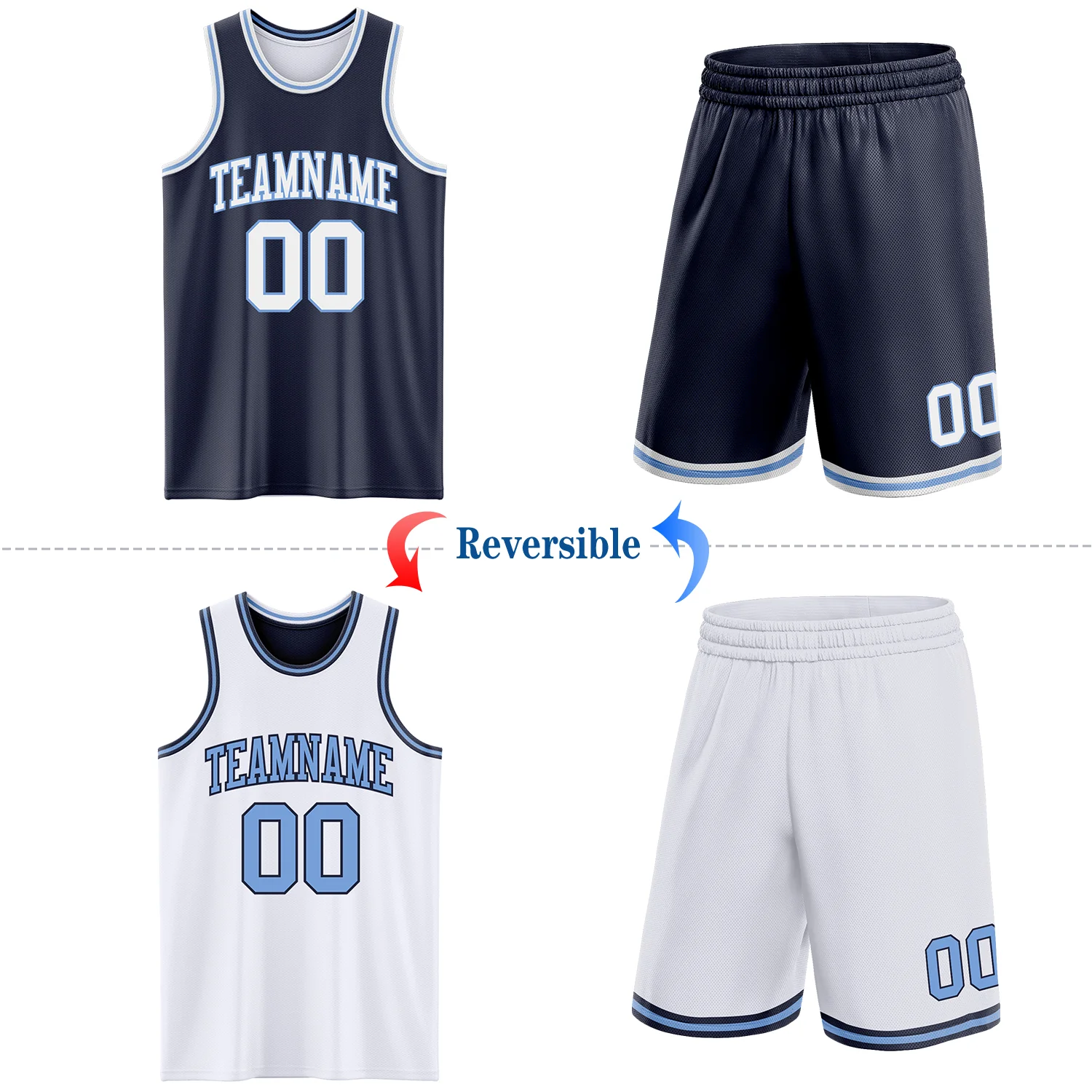 Custom Navy White-Light Blue Reversible Double Side Sublimation Basketball Suit Jersey - Image 2
