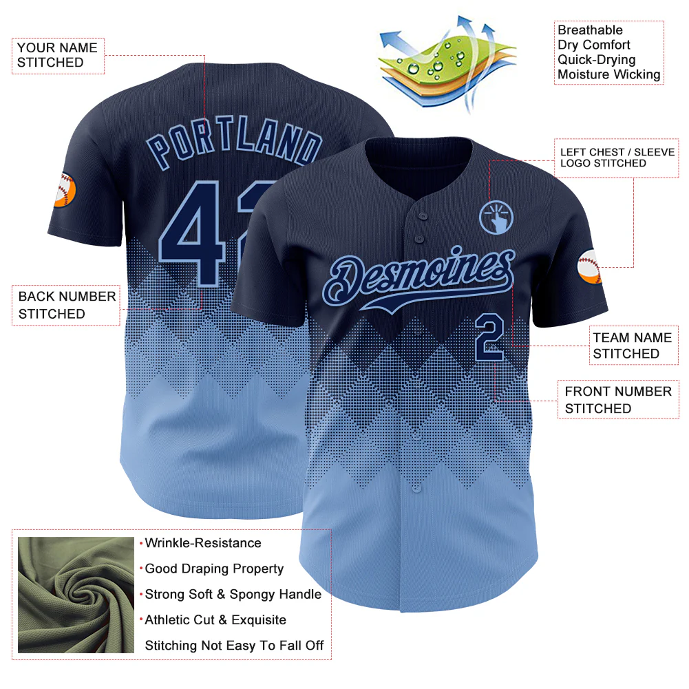 Custom Navy Light Blue 3D Gradient Square Shape Authentic Baseball Jersey - Image 3